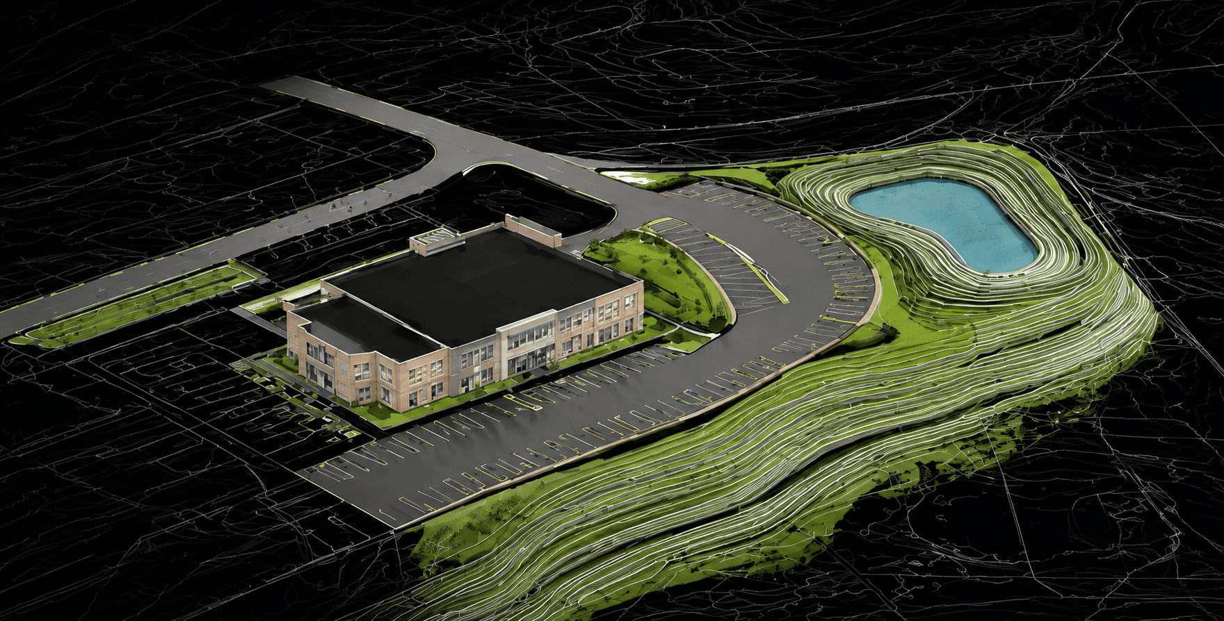 Civil site design rendering — building, parking, and stormwater pond